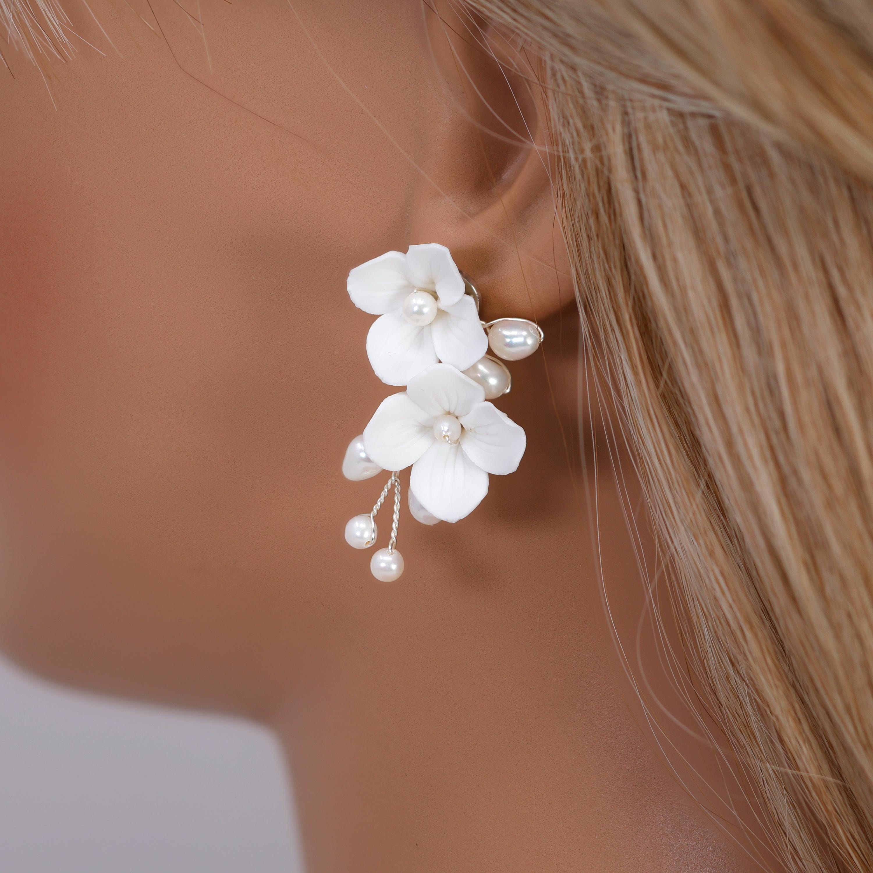 Floral Petal & Pearl Bridal Earring, Bridal Earrings, Dangle earring, Natural Cultured Pearl Earring