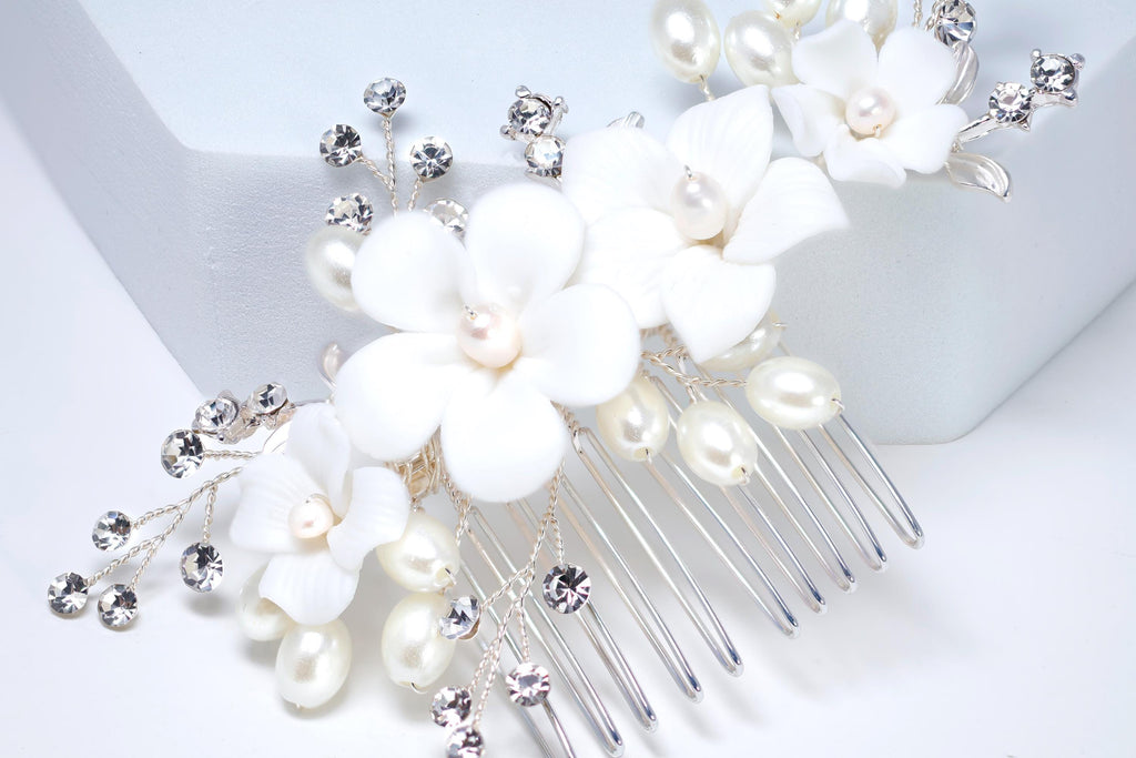Crystals and Ceramic White flower Faux Pearl Ivory Starlight Hair comb, Bridal Hair piece, Bridal Hair Accessories, Wedding Hair Accessory.
