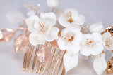 Ceramic White Flowers Seraphina Rose Comb Hair comb, Bridal Gold Finish Hair Piece, Bridal Hair Accessories, Wedding Hair Accessory.