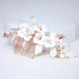 Ceramic White Flowers Seraphina Rose Comb Hair comb, Bridal Gold Finish Hair Piece, Bridal Hair Accessories, Wedding Hair Accessory.