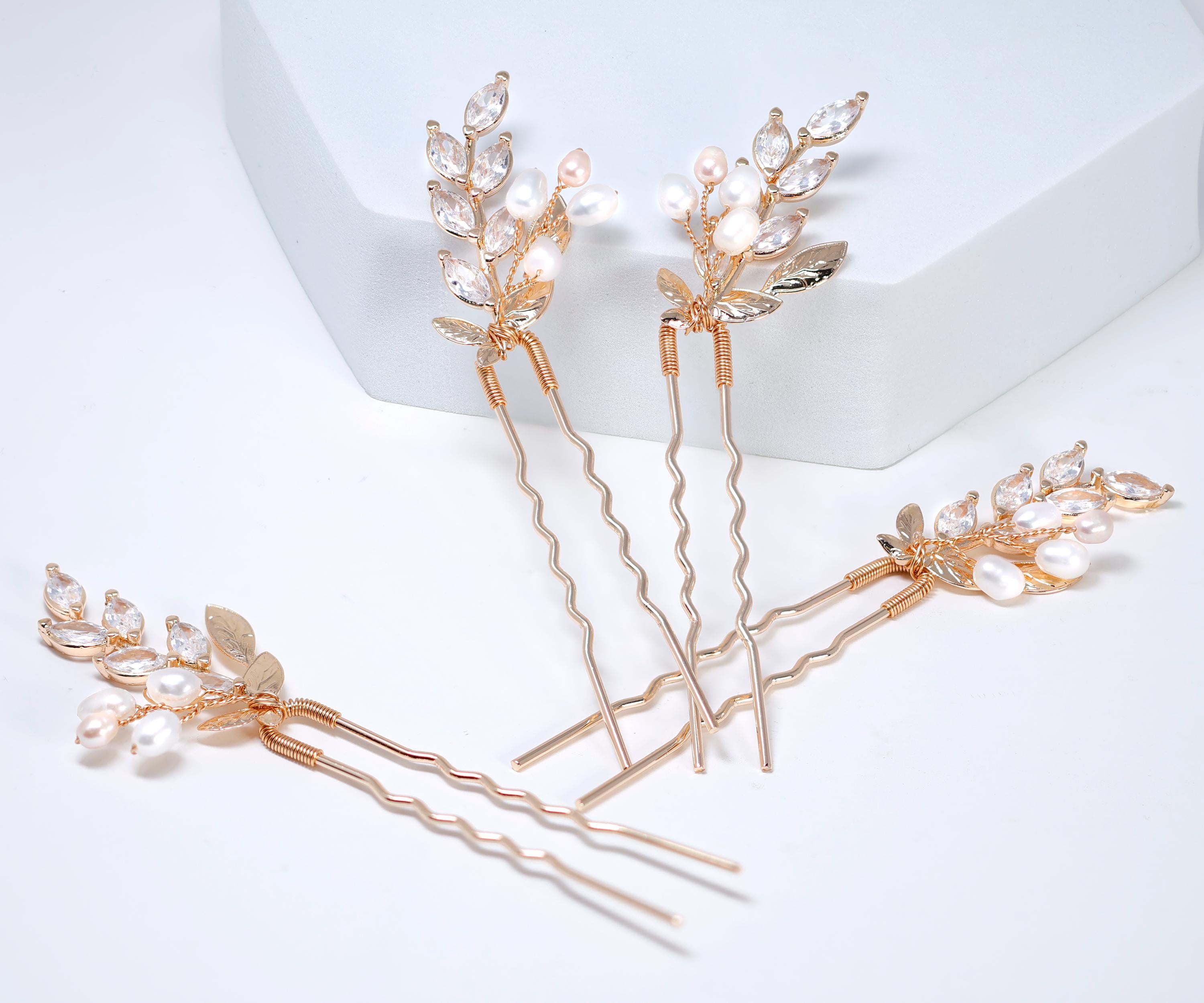 CZ Set Of 4 Freshwater Pearl Dusted Embers of a Kiss Bridal Hair Pins, Bridal Hair Accessories, Wedding Hair Accessory.