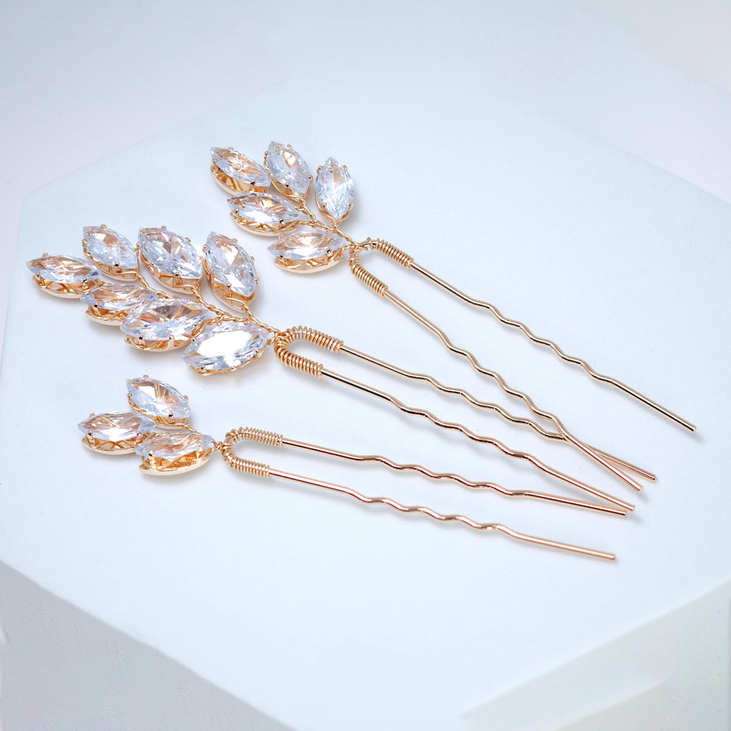 CZ Leafy Tails Set of 3 Hair Pins , Swarovski Hair pins Set, Bridal Hair Accessories, Gift For Her