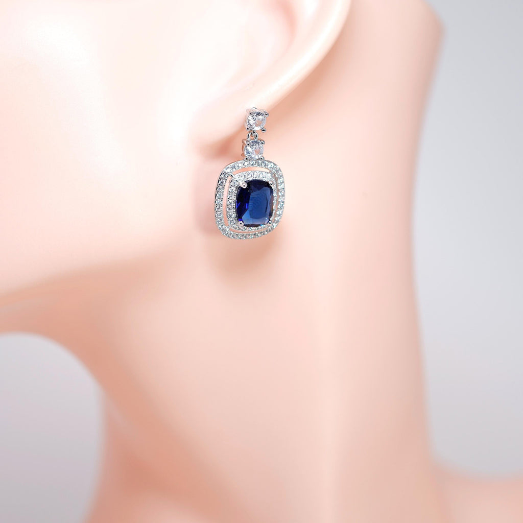 Royal Blue Majestic Aurora CZ Diamond Dangle Earrings, Bridal Jewelry, cushion cut Bridal Earrings, Crystal Statement Earrings Cz
