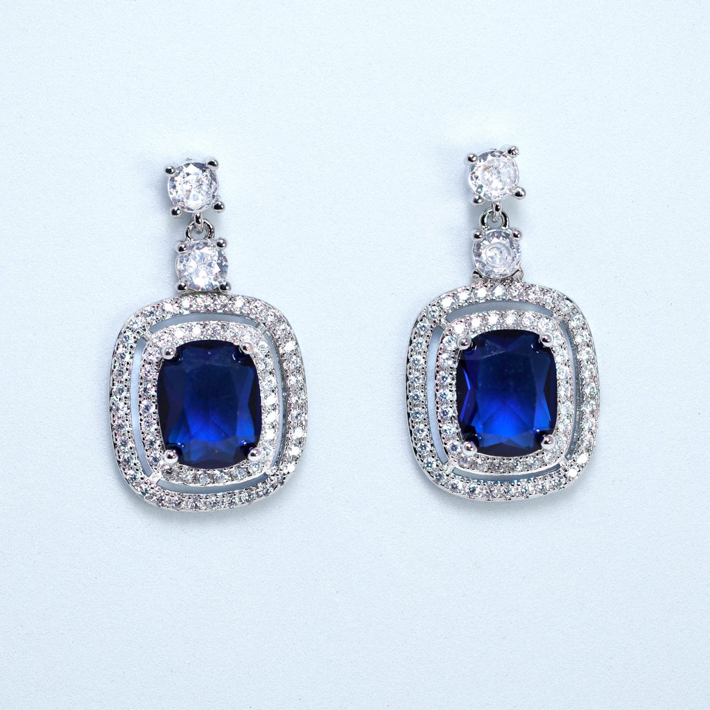 Royal Blue Majestic Aurora CZ Diamond Dangle Earrings, Bridal Jewelry, cushion cut Bridal Earrings, Crystal Statement Earrings Cz