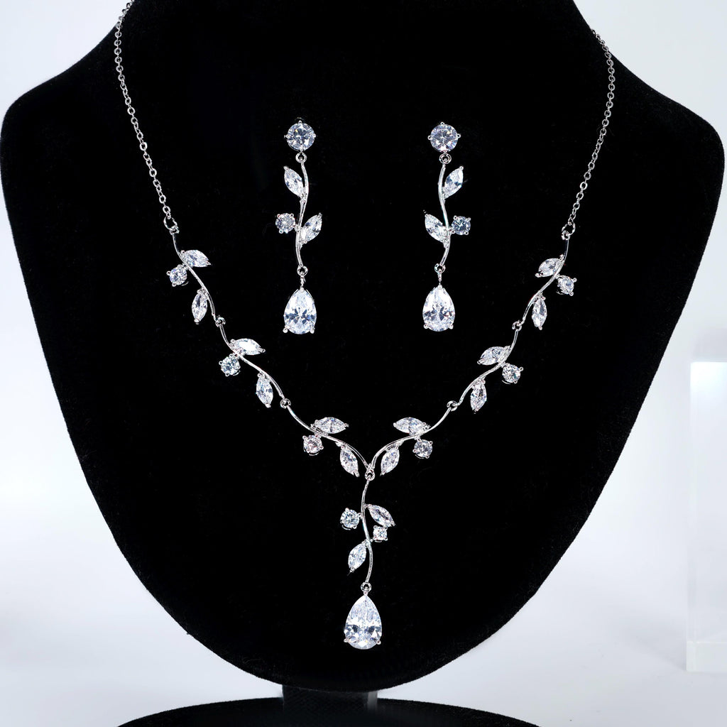 CZ Echoes of the Enchanted Vine Necklace Set, Long Bridal Jewelry, Bridal Earrings And Necklace, Statement Earrings Cz Necklace Set.