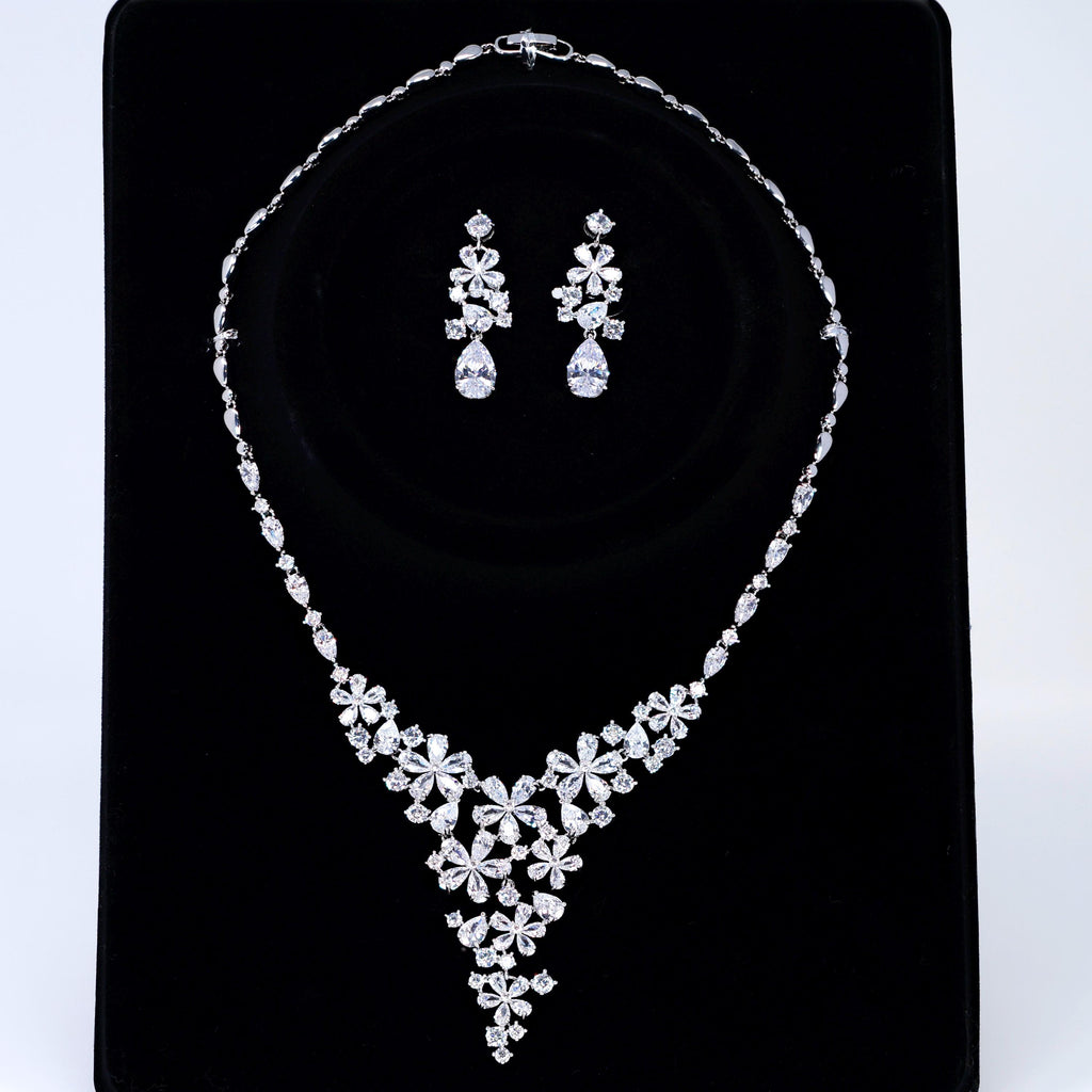 CZ Floral Wishes in a Crystal Dawn Necklace, Long Bridal Jewelry, Bridal Earrings And Necklace, Statement Earrings Cz Necklace Set.