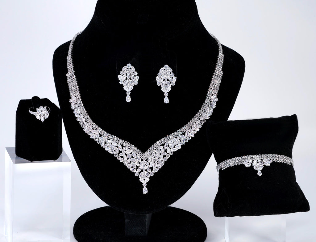 CZ Diamond Gardenia Necklace and Earrings Set, Long Bridal Earrings And Necklace, Statement Earrings Cz Necklace Set.