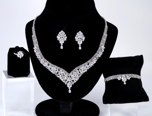 CZ Diamond Gardenia Necklace and Earrings Set, Long Bridal Earrings And Necklace, Statement Earrings Cz Necklace Set.