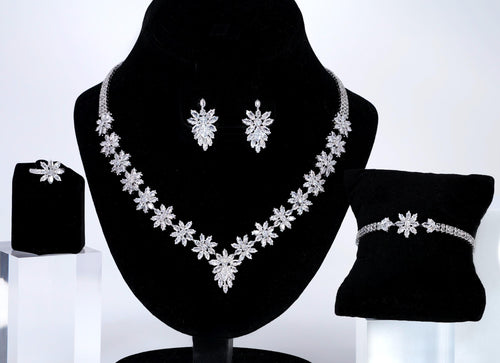 CZ Diamond Snowflower Elegance Jewelry Set, Long Bridal Earrings, Bracelet, Ring And Necklace, Statement Earrings Cz Necklace Set.