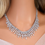 CZ Diamond Fountain of Elegance Jewelry Set, Long Bridal Earrings, Bracelet, Ring And Necklace, Statement Earrings Cz Necklace Set.