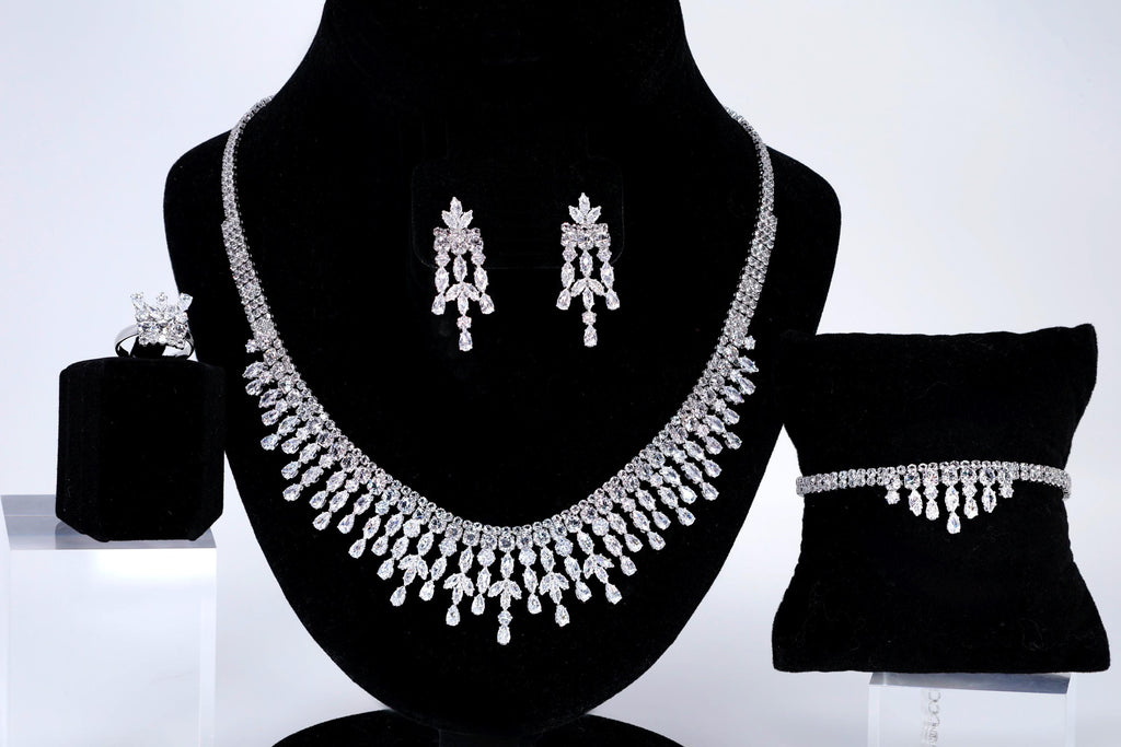 CZ Diamond Fountain of Elegance Jewelry Set, Long Bridal Earrings, Bracelet, Ring And Necklace, Statement Earrings Cz Necklace Set.