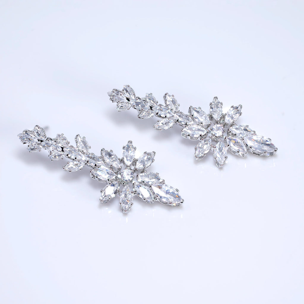 CZ Diamond Verdant Grace Jewelry Set, Long Bridal Earrings, Bracelet, Ring And Necklace, Statement Earrings Cz Necklace Set.