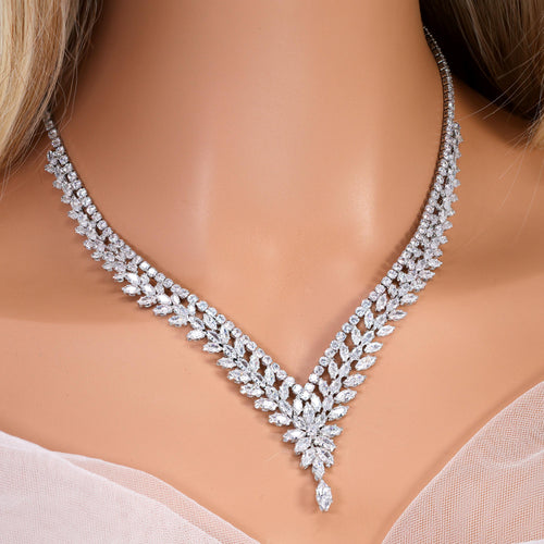 CZ Diamond Verdant Grace Jewelry Set, Long Bridal Earrings, Bracelet, Ring And Necklace, Statement Earrings Cz Necklace Set.