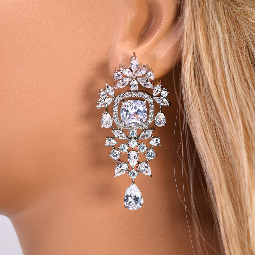 CZ Diamond Queen’s Legacy Set Jewelry Set, Long Bridal Earrings, Bracelet, Ring And Necklace, Statement Earrings Cz Necklace Set.