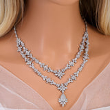 CZ Diamond Bridal Blossom Double Layer Jewelry Set, Long Bridal Earrings, Bracelet, Ring And Necklace, Statement Earrings Cz Necklace Set.