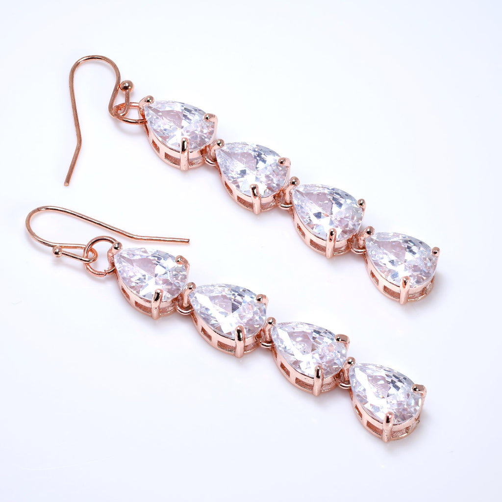 CZ Diamond Tear of Rose Set Jewelry Set, Rose Gold Long Bridal Earrings, Bracelet, Ring And Necklace, Statement Earrings Cz Necklace Set.