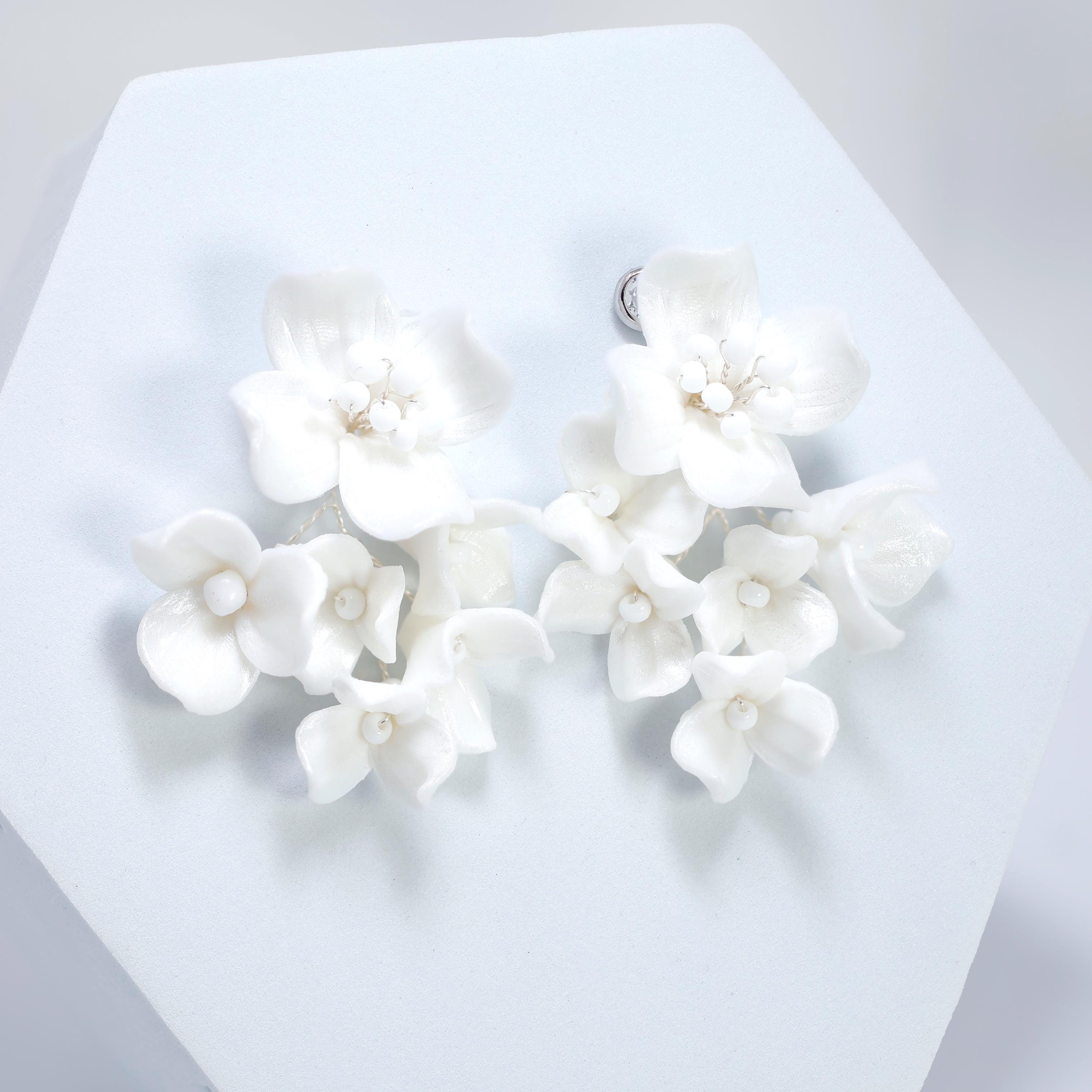 Swarovski Porcelain Ceramic White Sparkling Flower Crystal Bridal Earrings, Long Bridal Jewelry, Statement Earrings Cz