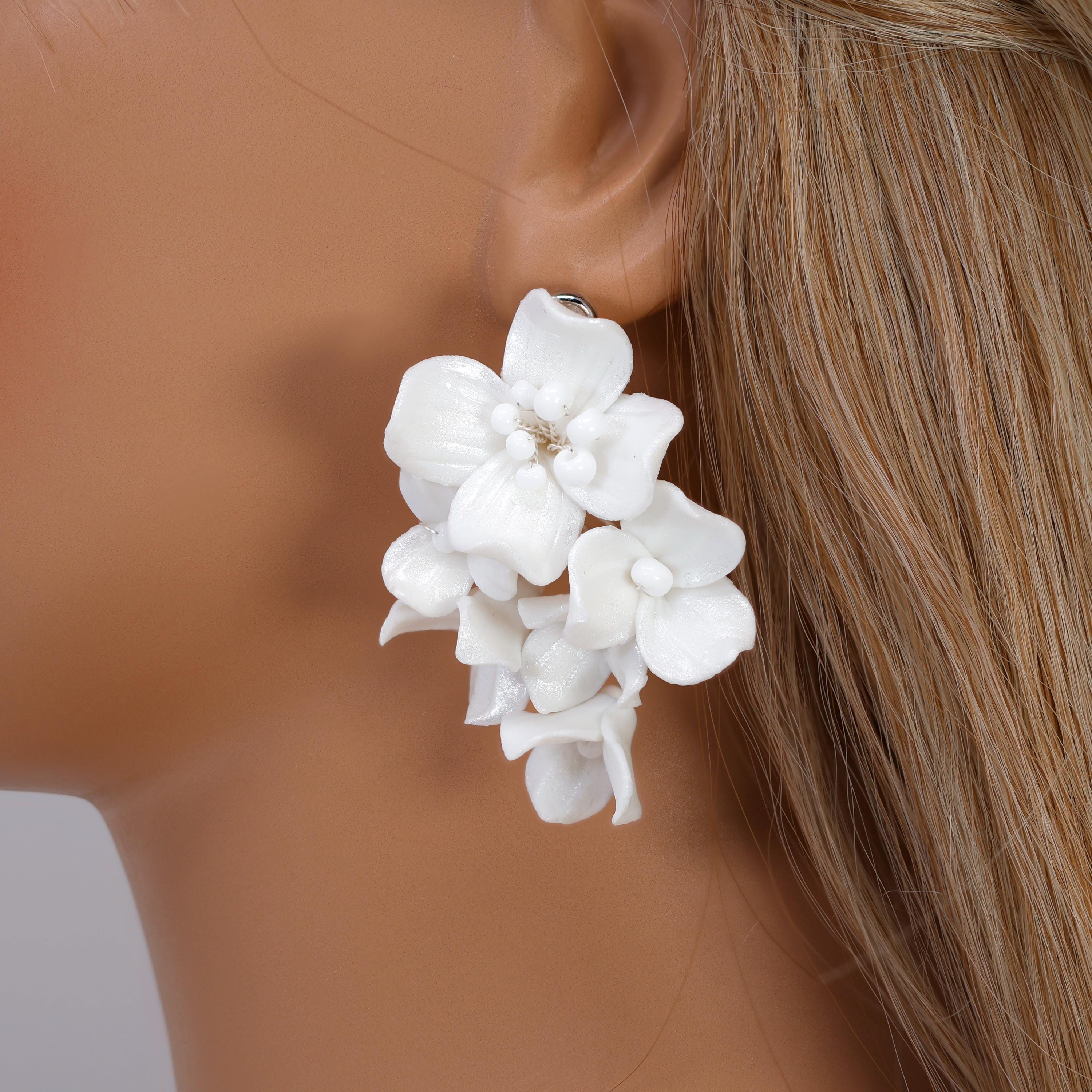 Swarovski Porcelain Ceramic White Sparkling Flower Crystal Bridal Earrings, Long Bridal Jewelry, Statement Earrings Cz
