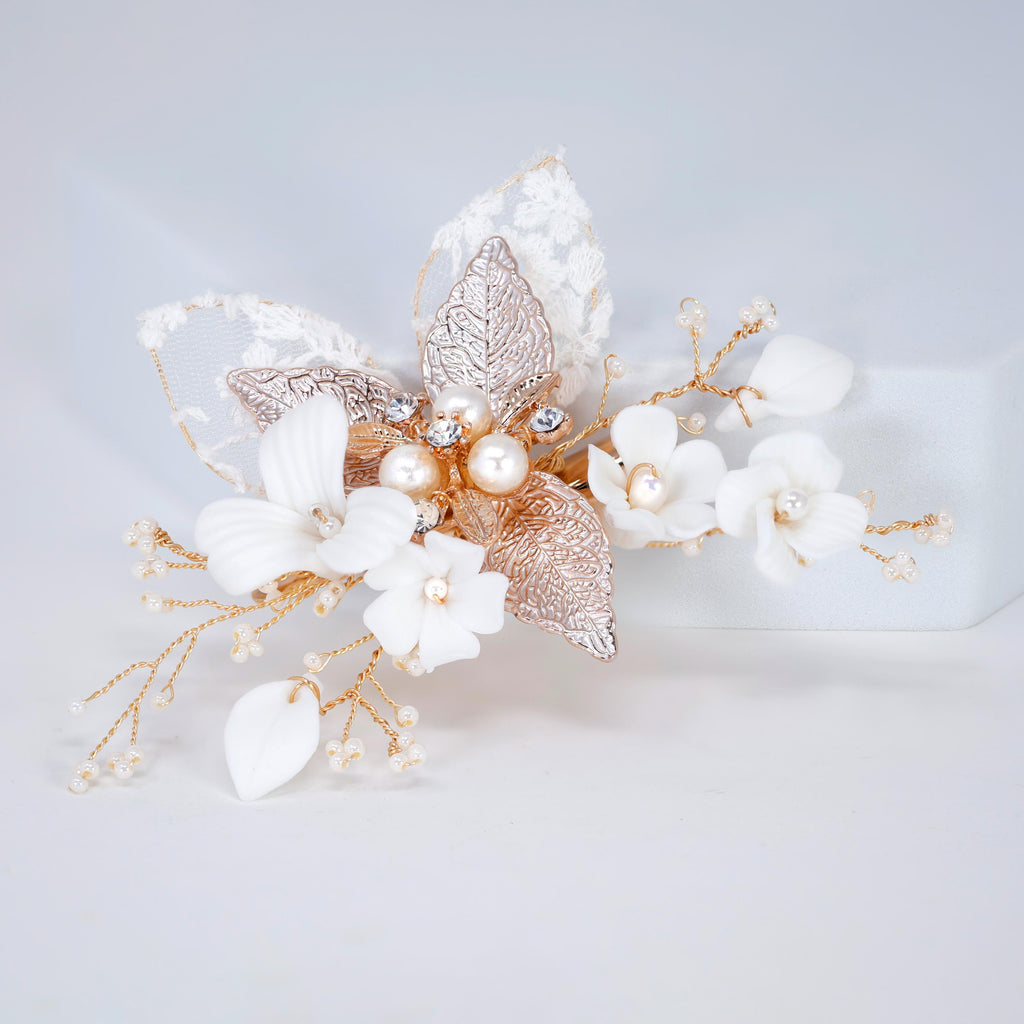 Swarovski Crystal Porcelain White Flower Victorian Lace Bridal Hair Clip, Bridesmaid Gift, Lace Fabric Wedding Hair Accessory.