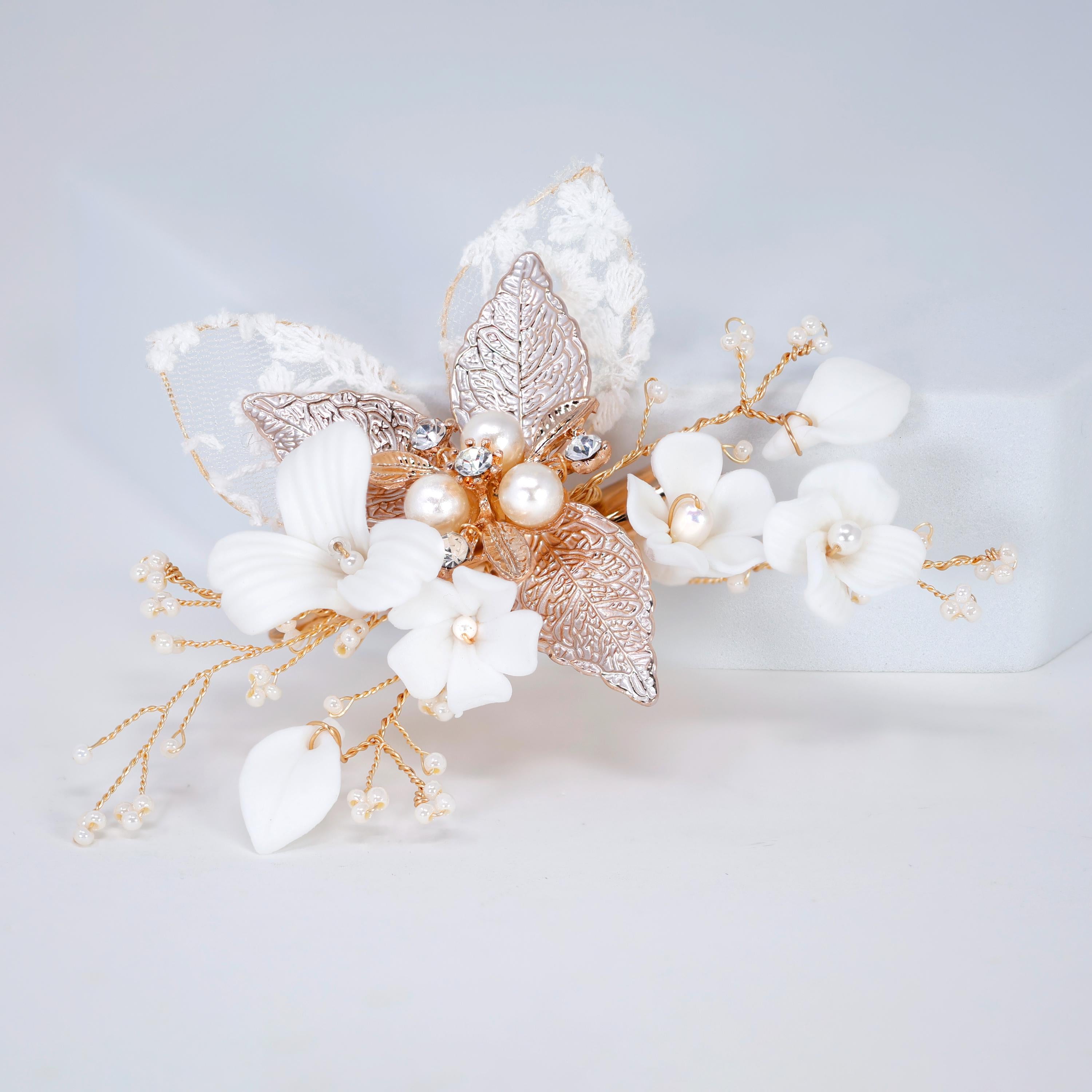 Swarovski Crystal Porcelain White Flower Victorian Lace Bridal Hair Clip, Bridesmaid Gift, Lace Fabric Wedding Hair Accessory.