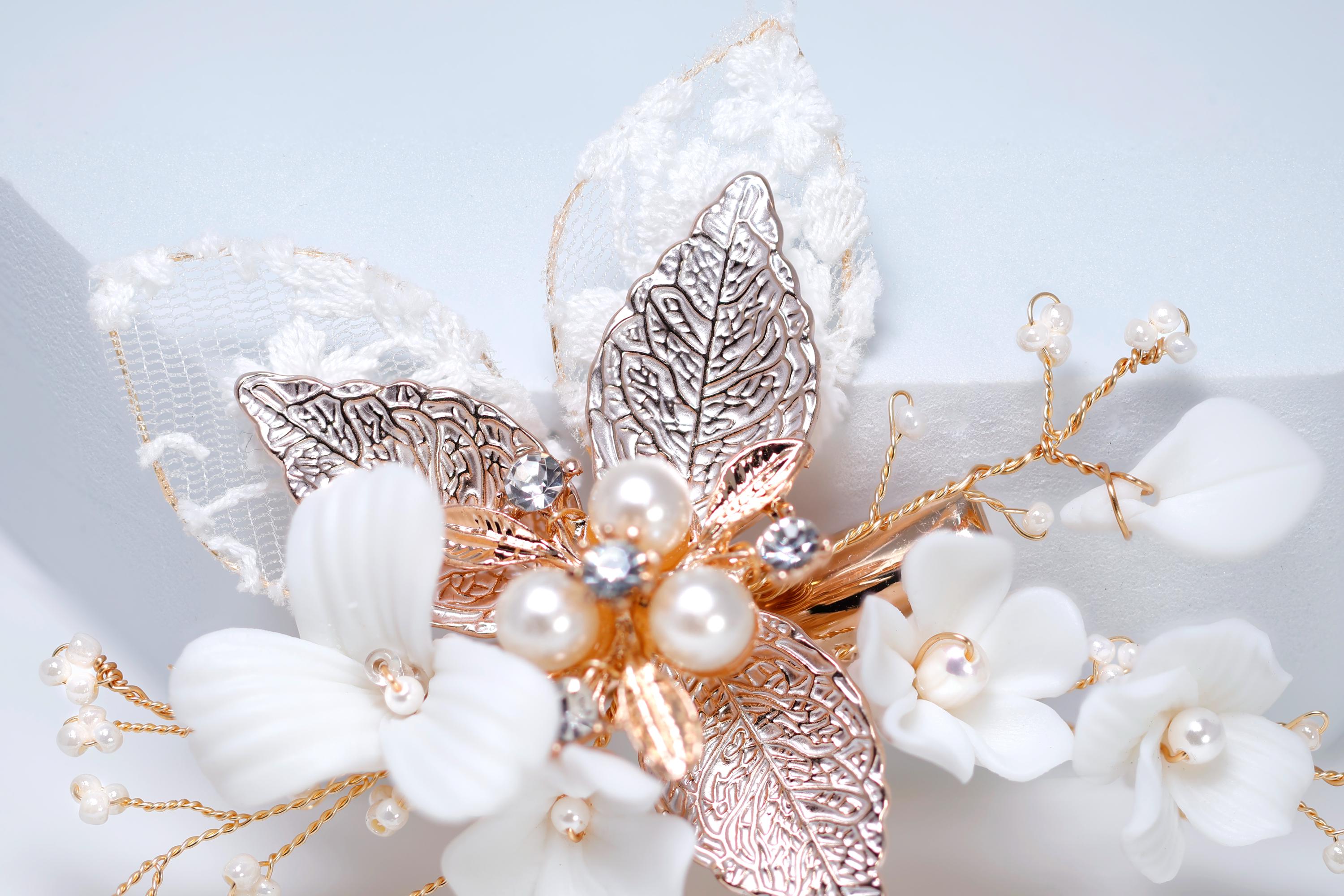 Swarovski Crystal Porcelain White Flower Victorian Lace Bridal Hair Clip, Bridesmaid Gift, Lace Fabric Wedding Hair Accessory.