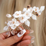 Ceramic White Flowers Seraphina Rose Comb Hair comb, Bridal Gold Finish Hair Piece, Bridal Hair Accessories, Wedding Hair Accessory.