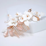 Ceramic White Flowers Seraphina Rose Comb Hair comb, Bridal Gold Finish Hair Piece, Bridal Hair Accessories, Wedding Hair Accessory.