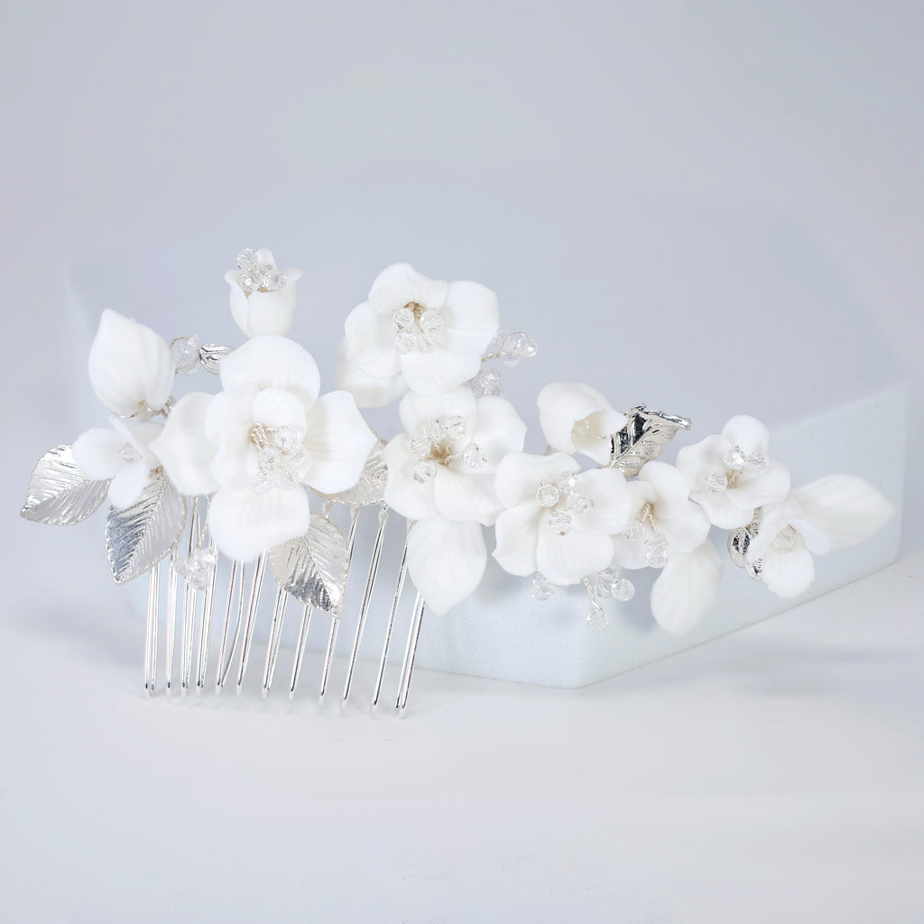 Ceramic White Flowers Seraphina Rose Comb Hair comb, Bridal Gold Finish Hair Piece, Bridal Hair Accessories, Wedding Hair Accessory.