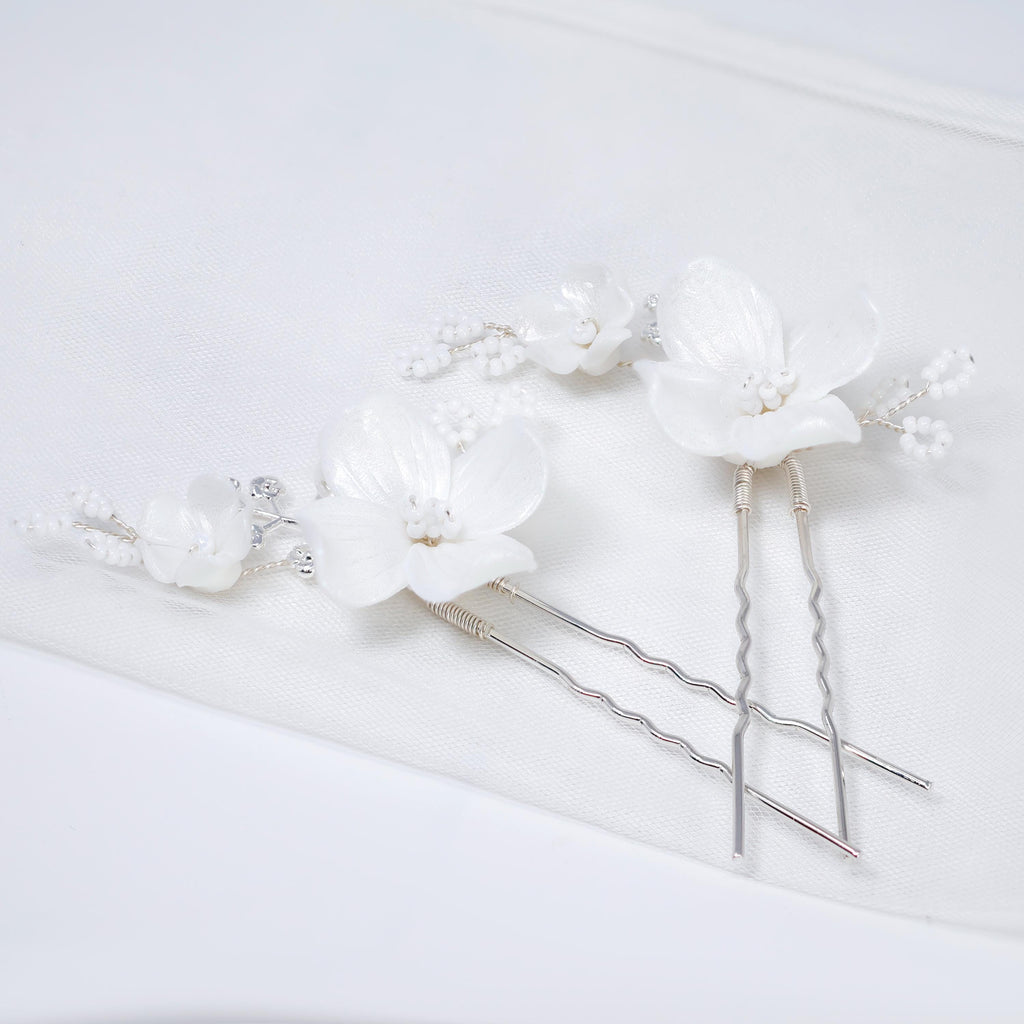 Porcelain White Floral Vine Shimmering Winter Lily Hair Pins Set of 2 , Ceramic Hair pins Set, Bridal Hair Accessories