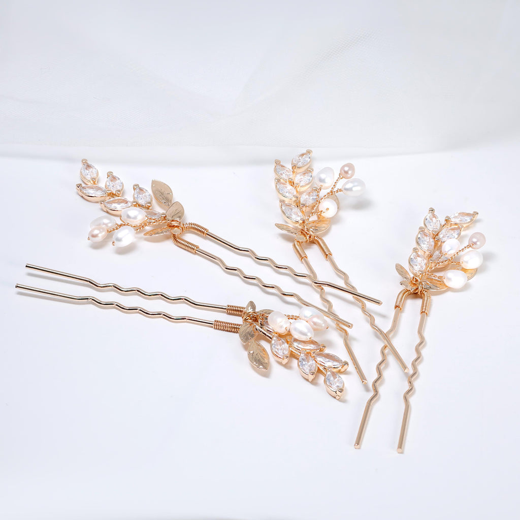 CZ Set Of 4 Freshwater Pearl Dusted Embers of a Kiss Bridal Hair Pins, Bridal Hair Accessories, Wedding Hair Accessory.