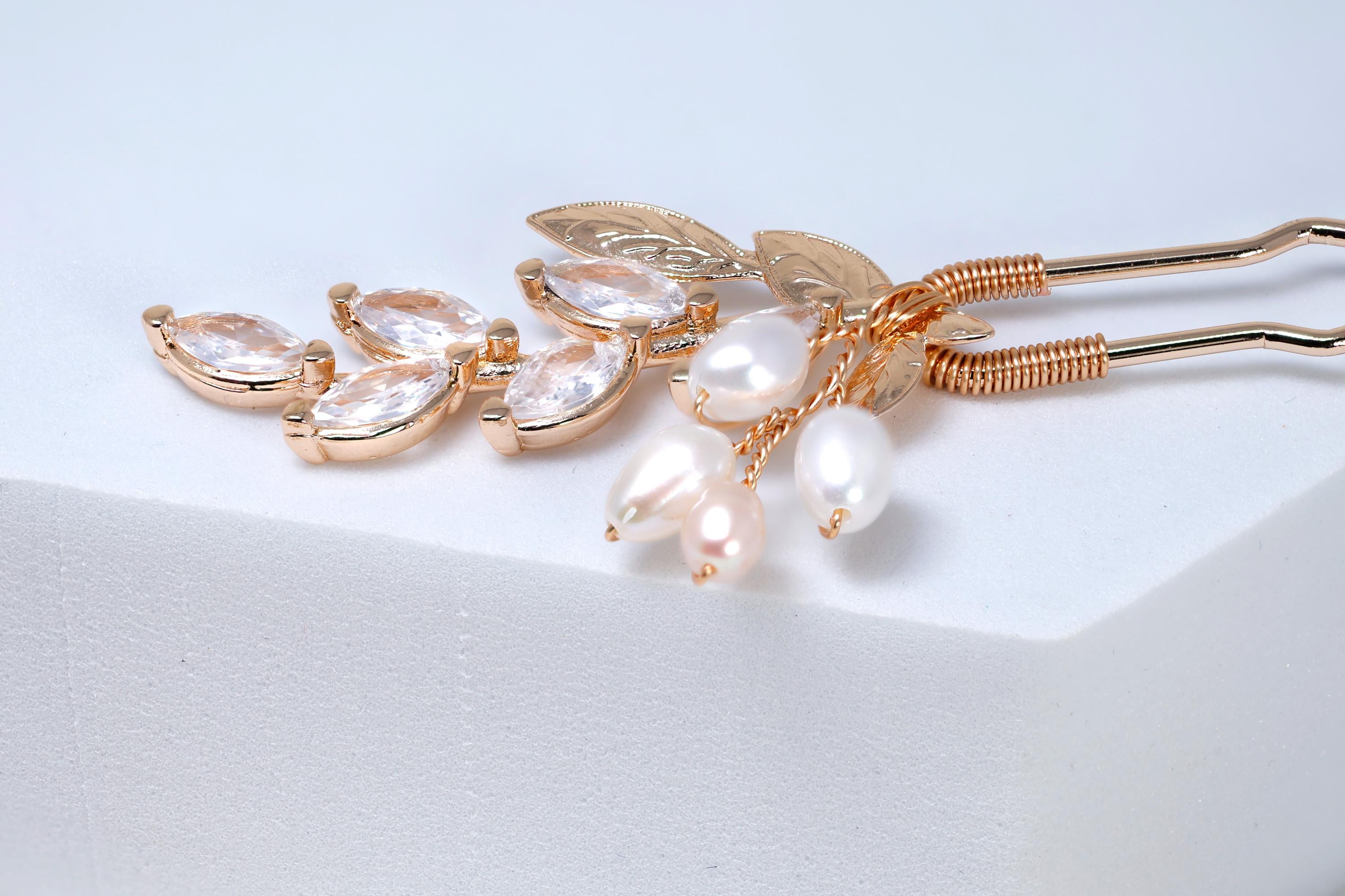 CZ Set Of 4 Freshwater Pearl Dusted Embers of a Kiss Bridal Hair Pins, Bridal Hair Accessories, Wedding Hair Accessory.