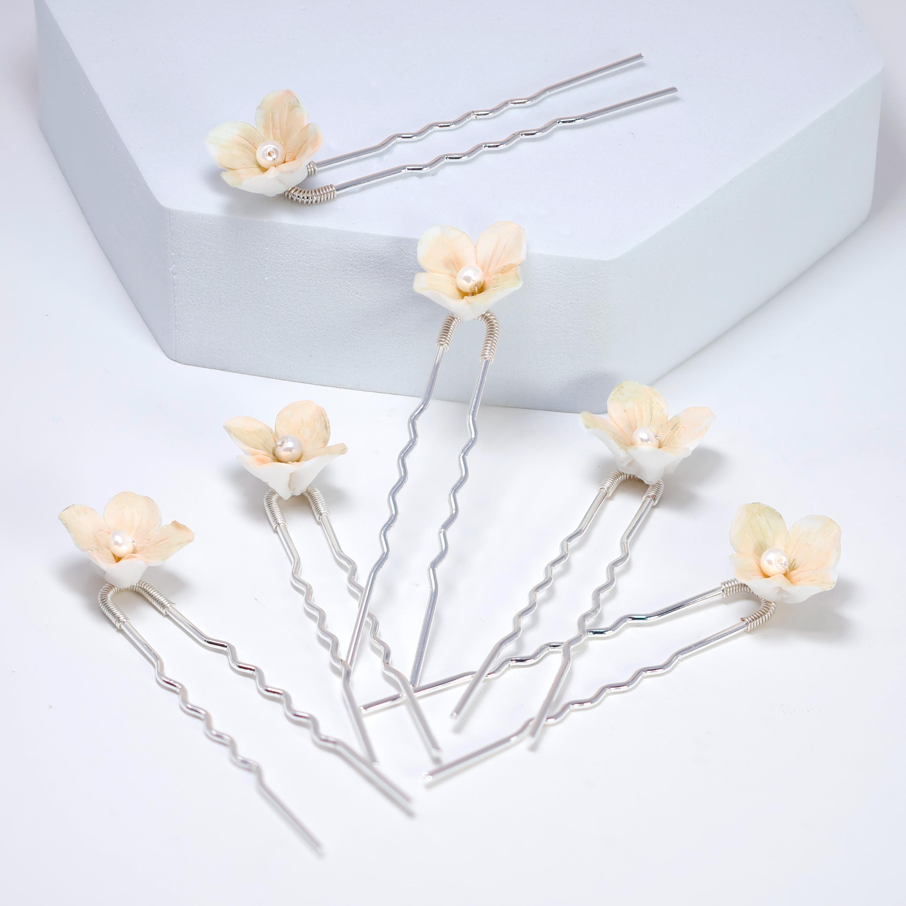 Porcelain Floral Set Of 6 Faux Pearl Poetry in Petals Hair Pins Set , Ceramic Hair pins Set, Bridal Hair Accessories