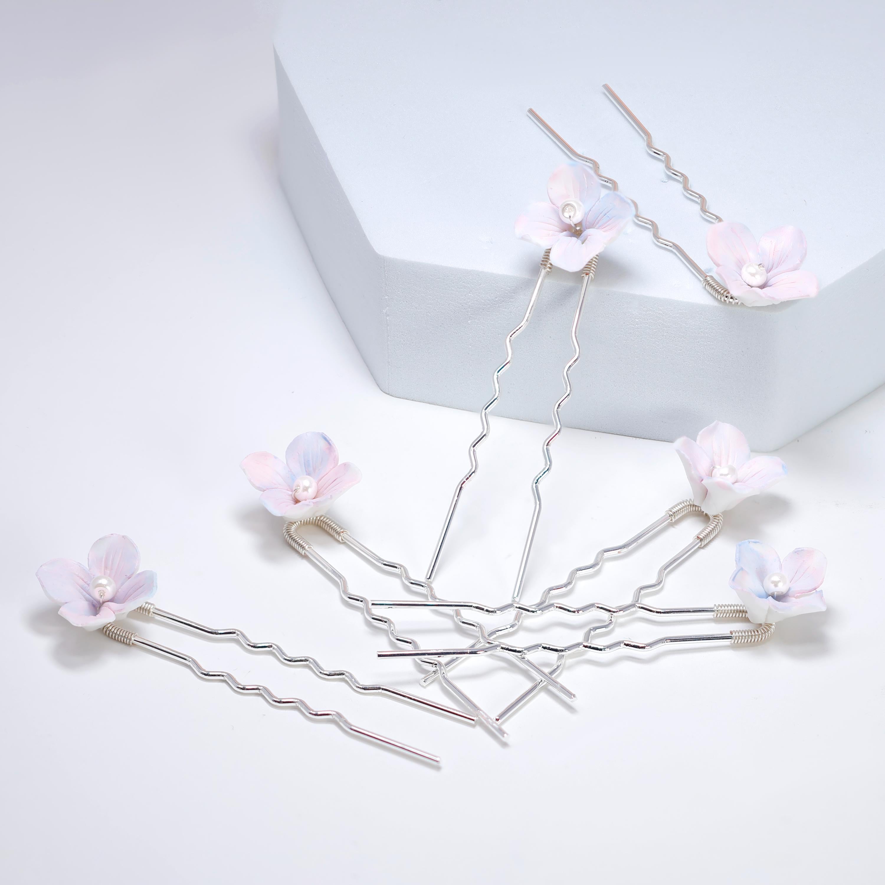 Porcelain Floral Set Of 6 Faux Pearl Poetry in Petals Hair Pins Set , Ceramic Hair pins Set, Bridal Hair Accessories