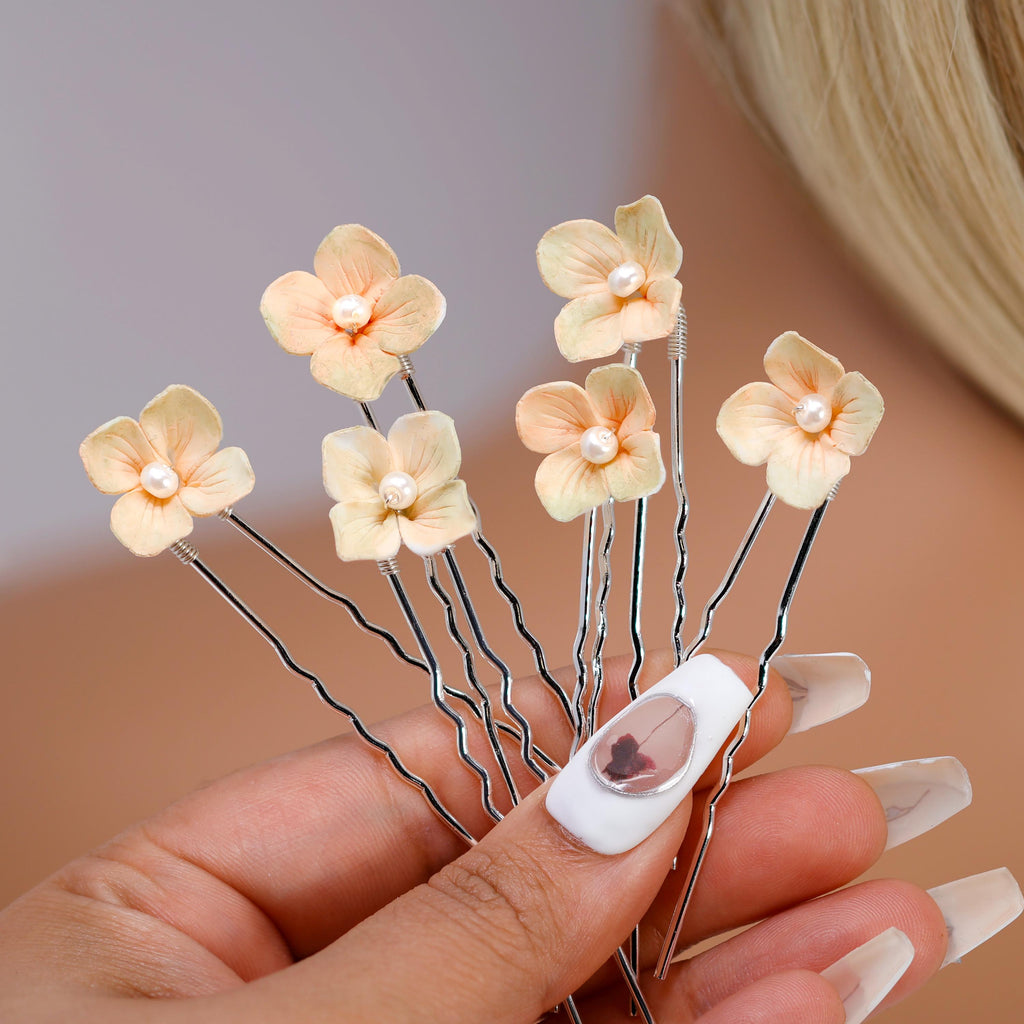 Porcelain Floral Set Of 6 Faux Pearl Poetry in Petals Hair Pins Set , Ceramic Hair pins Set, Bridal Hair Accessories