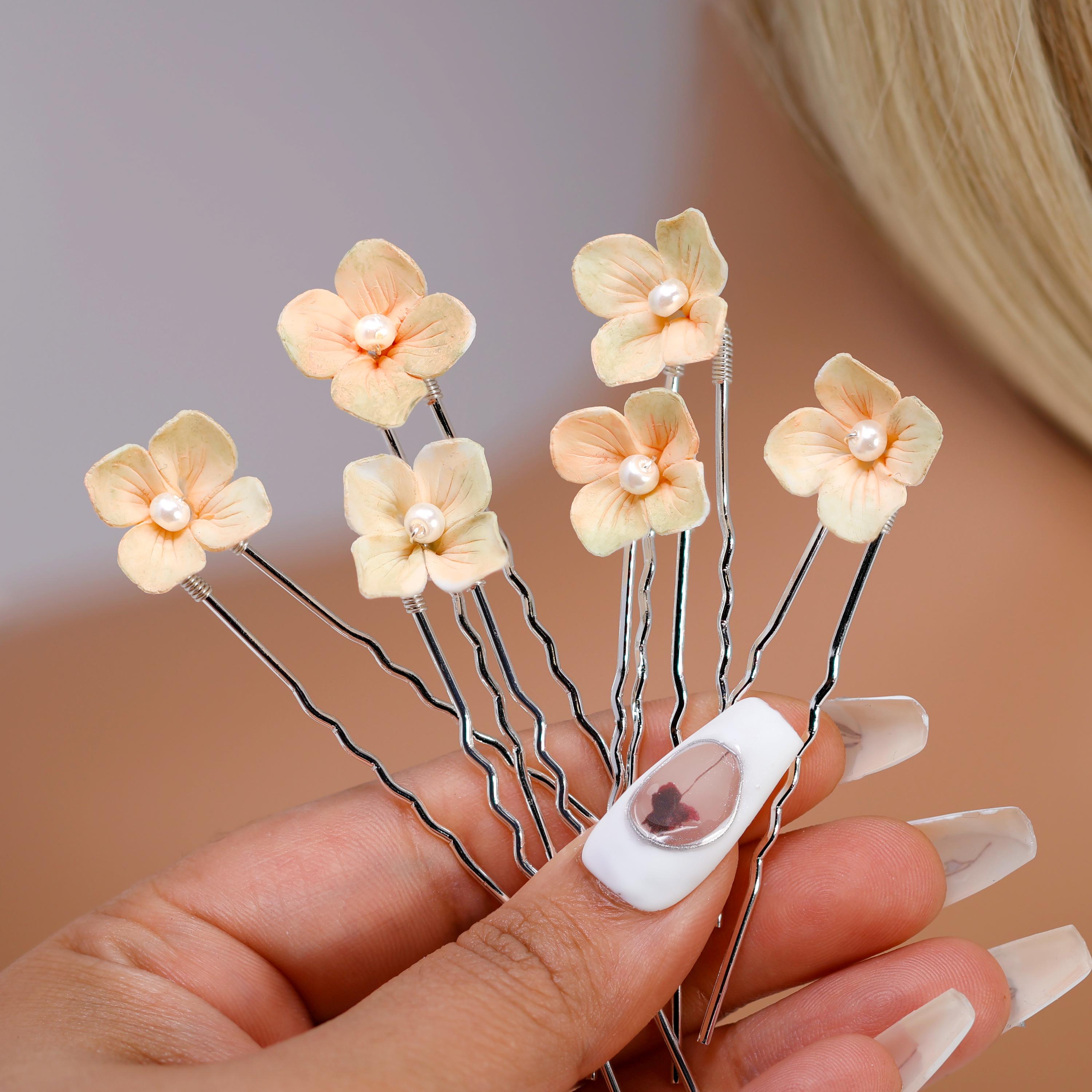Porcelain Floral Set Of 6 Faux Pearl Poetry in Petals Hair Pins Set , Ceramic Hair pins Set, Bridal Hair Accessories