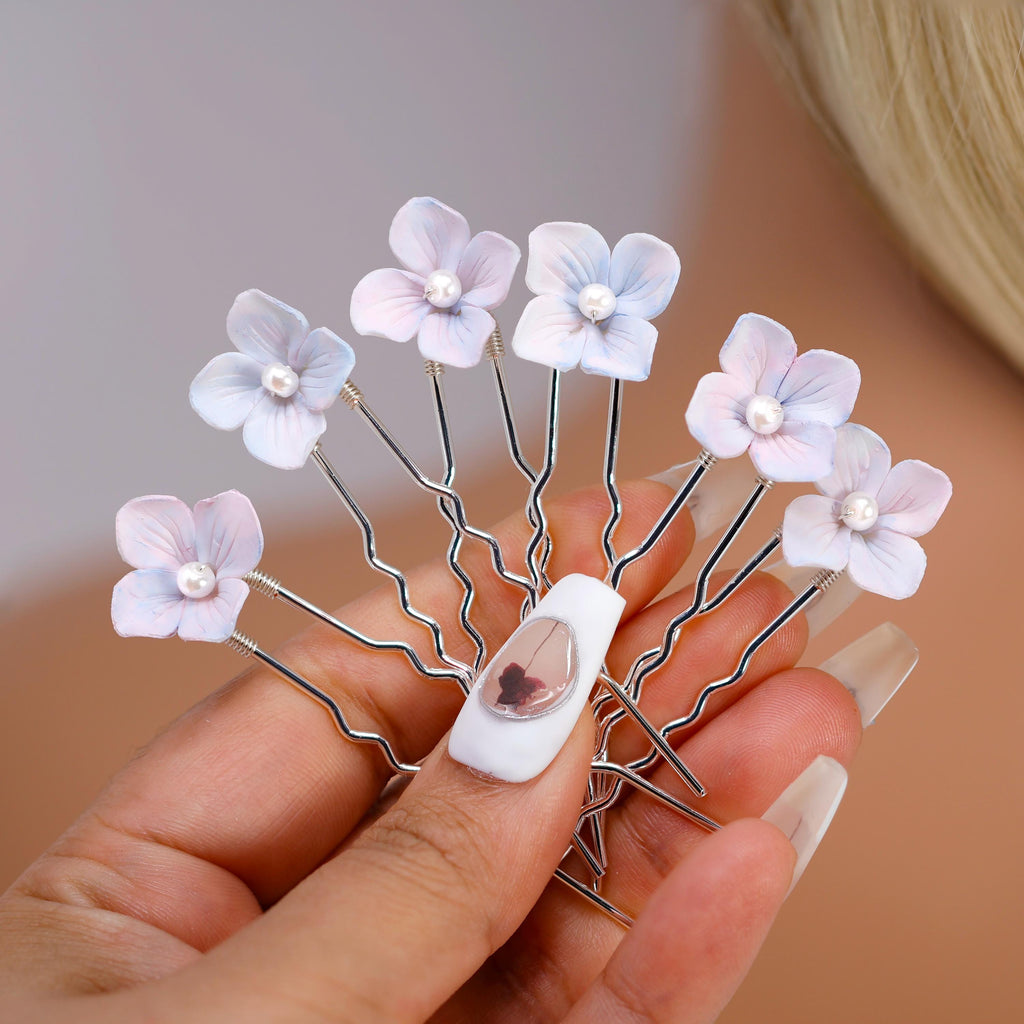 Porcelain Floral Set Of 6 Faux Pearl Poetry in Petals Hair Pins Set , Ceramic Hair pins Set, Bridal Hair Accessories