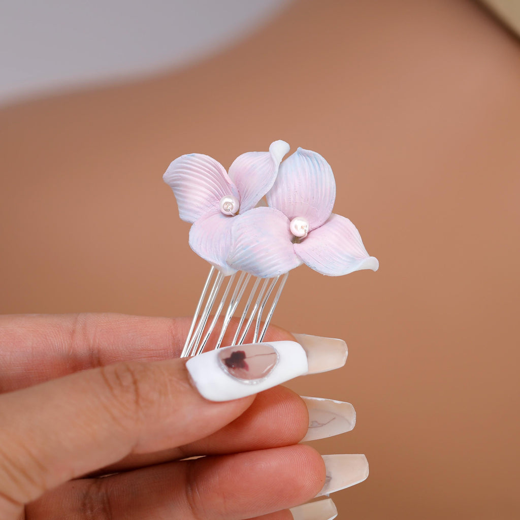 Porcelain Floral Faux Pearl Pastel Bloom Hair Comb, Ceramic Hair pins Set, Bridal Hair Accessories