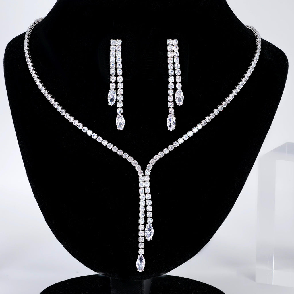 CZ Dainty Crystal Empress Necklace and Earrings Set, Long Bridal Earrings And Necklace, Statement Earrings Cz Necklace Set.