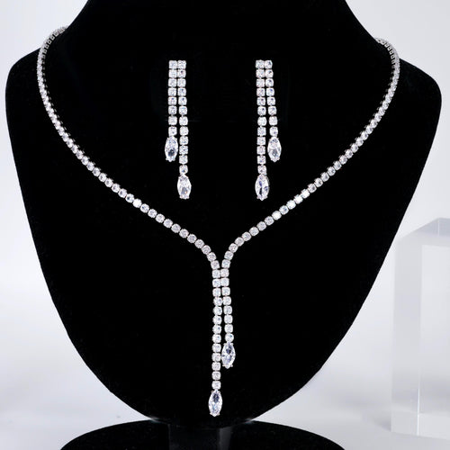 CZ Dainty Crystal Empress Necklace and Earrings Set, Long Bridal Earrings And Necklace, Statement Earrings Cz Necklace Set.