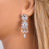 CZ Diamond Garden of Queen's Glory Jewelry Set, Long Bridal Earrings, Bracelet, Ring And Necklace, Statement Earrings Cz Necklace Set.
