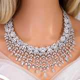 CZ Diamond Garden of Queen's Glory Jewelry Set, Long Bridal Earrings, Bracelet, Ring And Necklace, Statement Earrings Cz Necklace Set.