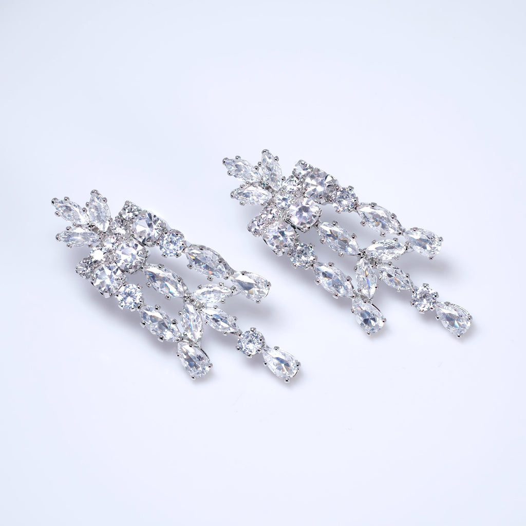 CZ Diamond Fountain of Elegance Jewelry Set, Long Bridal Earrings, Bracelet, Ring And Necklace, Statement Earrings Cz Necklace Set.