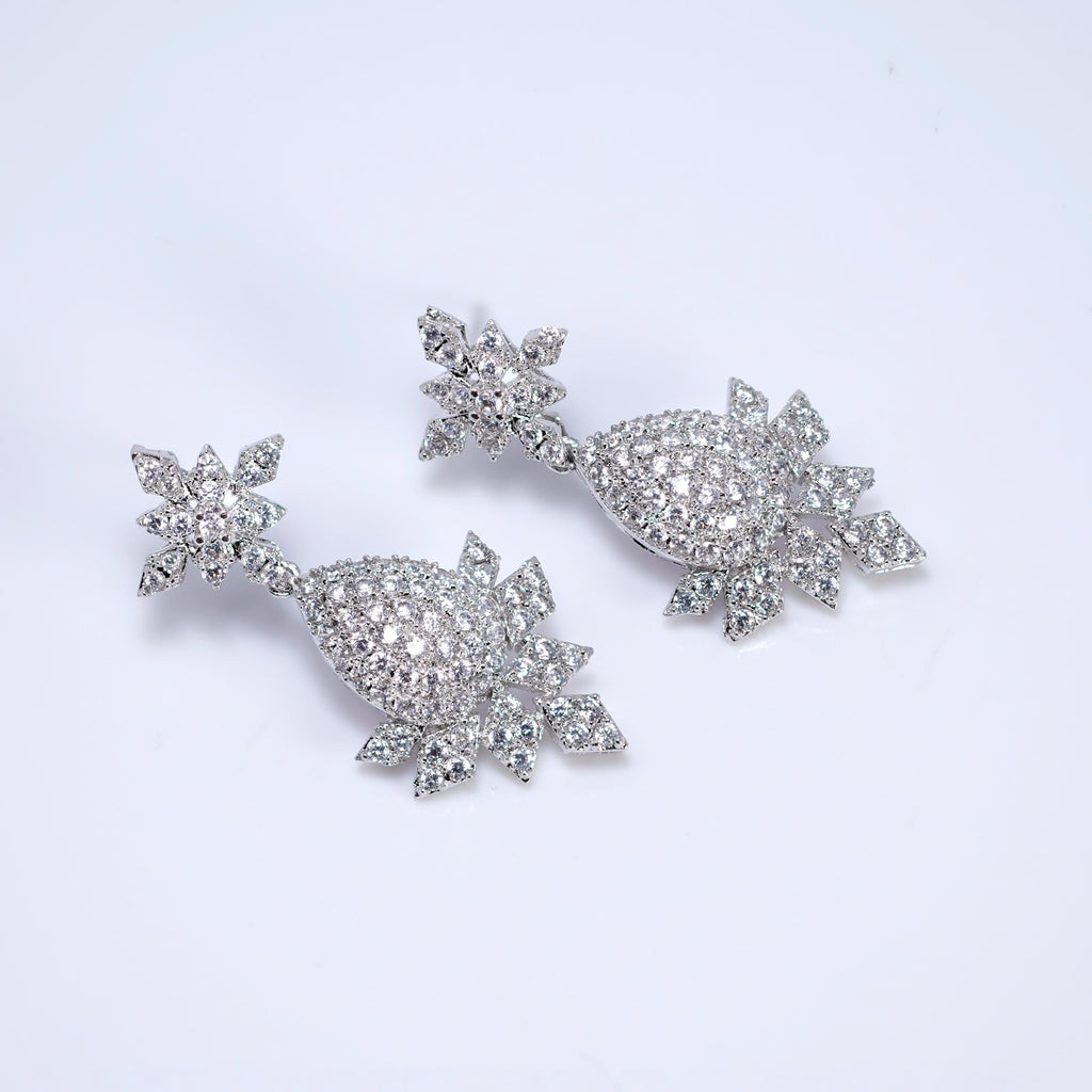 CZ Diamond Bridal Blossom Double Layer Jewelry Set, Long Bridal Earrings, Bracelet, Ring And Necklace, Statement Earrings Cz Necklace Set.