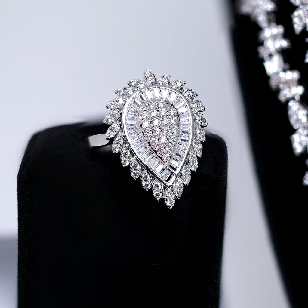 CZ Diamond Bridal Blossom Double Layer Jewelry Set, Long Bridal Earrings, Bracelet, Ring And Necklace, Statement Earrings Cz Necklace Set.