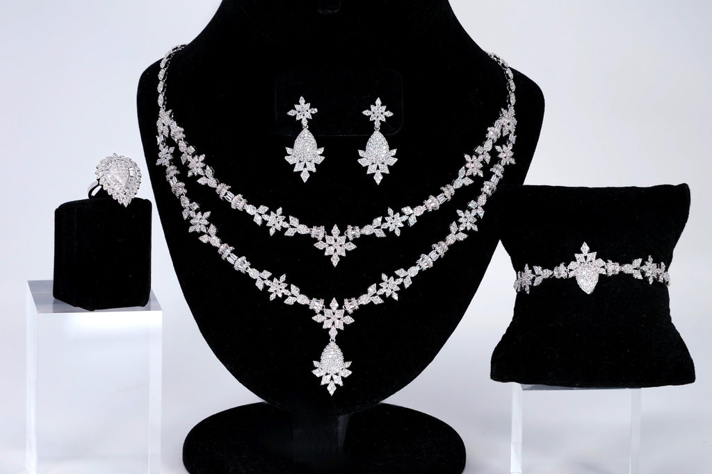 CZ Diamond Bridal Blossom Double Layer Jewelry Set, Long Bridal Earrings, Bracelet, Ring And Necklace, Statement Earrings Cz Necklace Set.