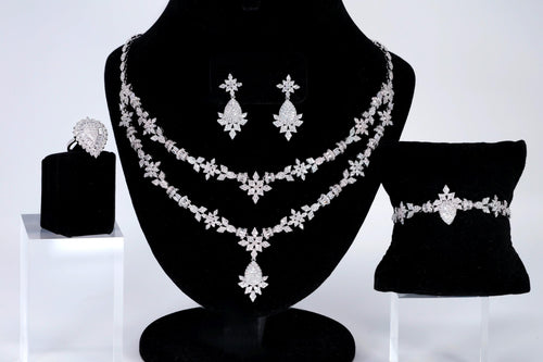 CZ Diamond Bridal Blossom Double Layer Jewelry Set, Long Bridal Earrings, Bracelet, Ring And Necklace, Statement Earrings Cz Necklace Set.