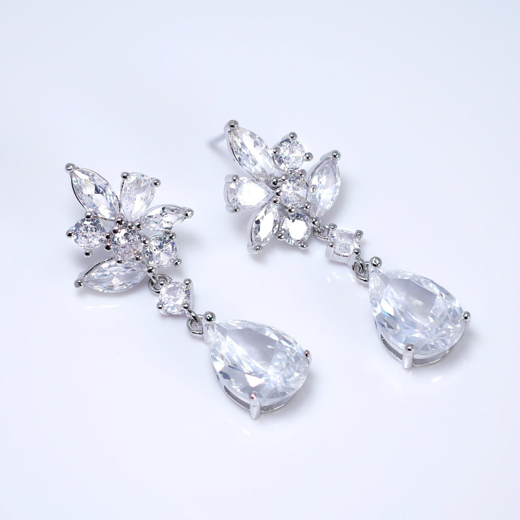 CZ Diamond Whispering Petals Jewelry Set, Long Bridal Earrings, Bracelet, Ring And Necklace, Statement Earrings Cz Necklace Set.