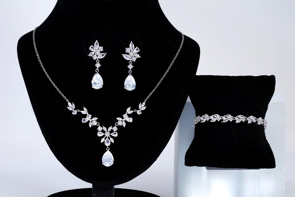 CZ Diamond Whispering Petals Jewelry Set, Long Bridal Earrings, Bracelet, Ring And Necklace, Statement Earrings Cz Necklace Set.