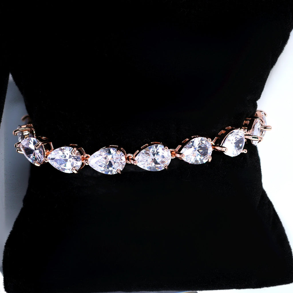 CZ Diamond Tear of Rose Set Jewelry Set, Rose Gold Long Bridal Earrings, Bracelet, Ring And Necklace, Statement Earrings Cz Necklace Set.