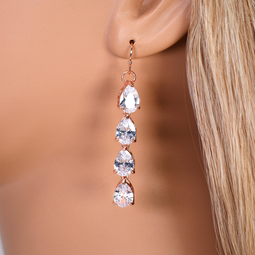 CZ Diamond Tear of Rose Set Jewelry Set, Rose Gold Long Bridal Earrings, Bracelet, Ring And Necklace, Statement Earrings Cz Necklace Set.